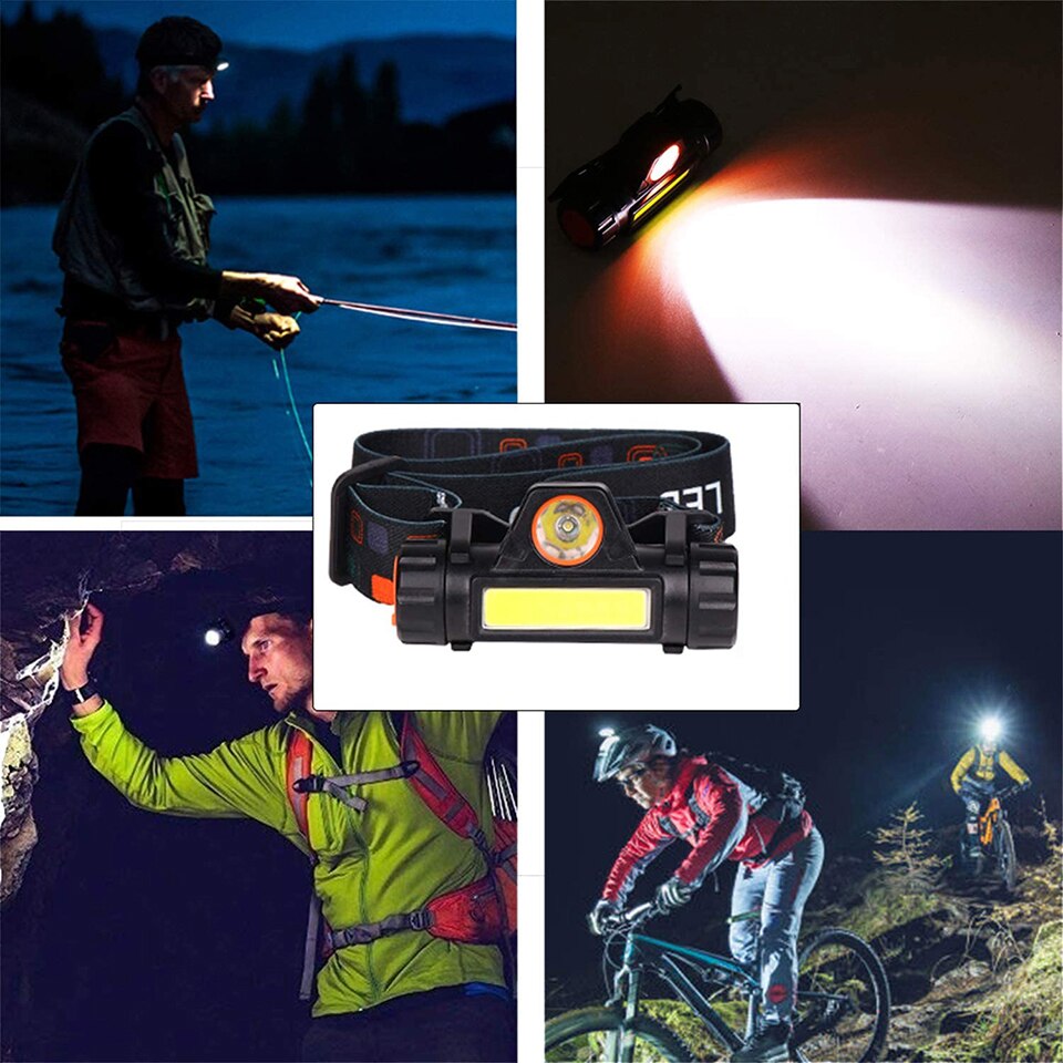 ledet hodelykt supersterk hodelykt  t6 vanntett camping fiskelys innebygde batterier usb oppladbar