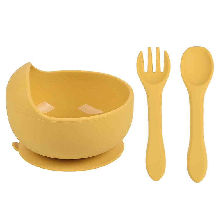 3Pcs Baby Silicone Bowl Spoon Fork Set BPA Free Non-slip Children&#39;s Suction Bowl Handle Silicone Set Food Grade Tableware: Y28