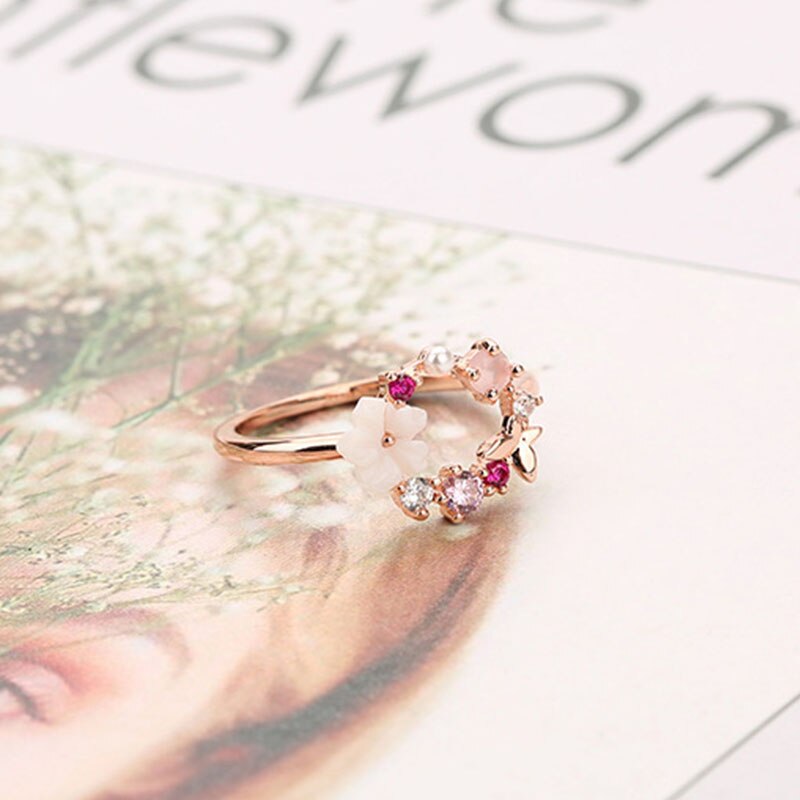 Butterfly Flowers Crystal Finger Wedding Rings for Women Rose Gold Zircon Glamour Ring Jewelry Girl Bijoux