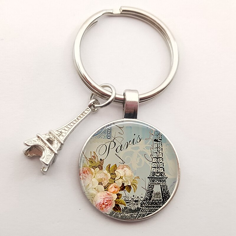 Romantic Paris Eiffel Tower Key Chains Art Lady Wander Drawing Glass Pendant Cute Keychain Keyring Women Bag Jewelry: Silver-46