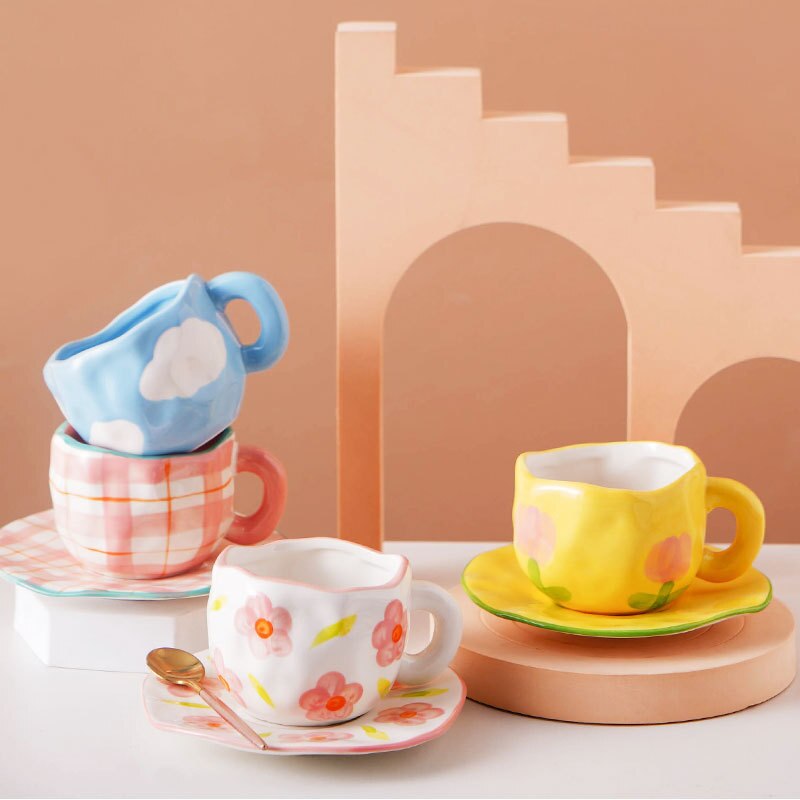 Hand Painted Cloud Coffee Cup and Saucer Handmade Irregular Ceramic Cup With Saucer Tulip Flower Tea Milk Mug Tableware