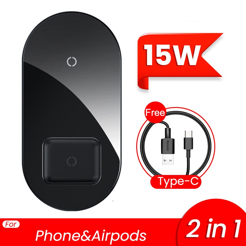 Baseus 2 in 1 Dual Qi Wireless Charger For iPhone 11 Pro Max X Airpods 15W Fast Wireless Charging Pad Induction Wirless Charger: Black 15W