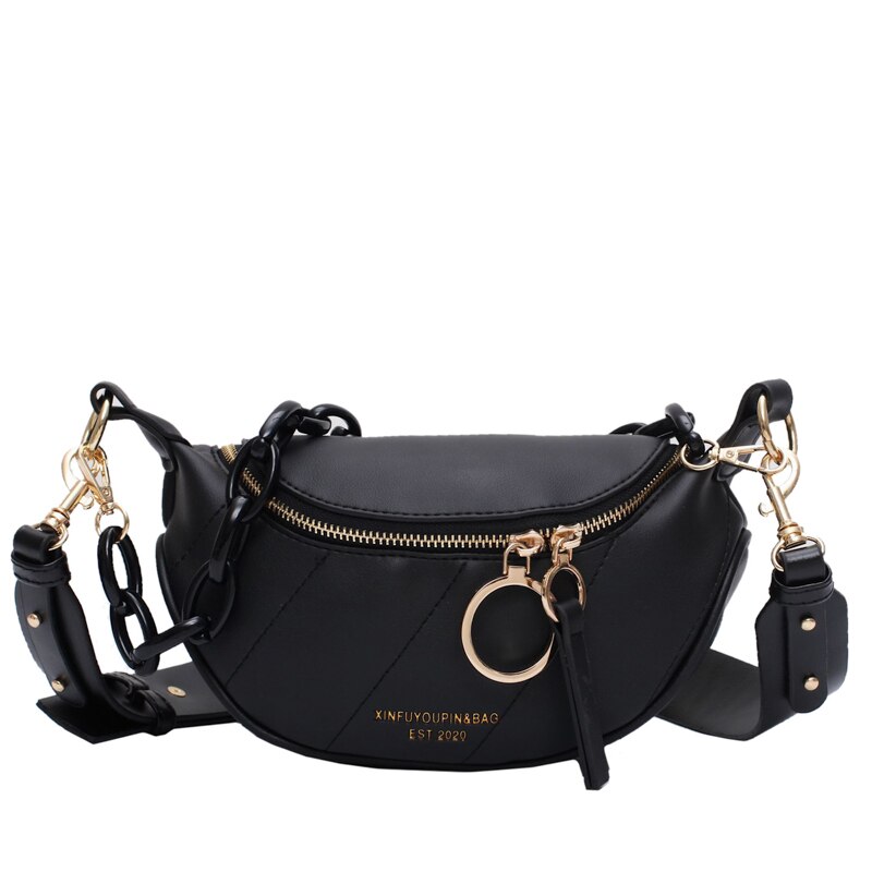 Women's Shoulder blet bag Banana Bag PU Leather Chic Chest Bag Waist Bag Four Solid Color Small Casual Female with chain: Black