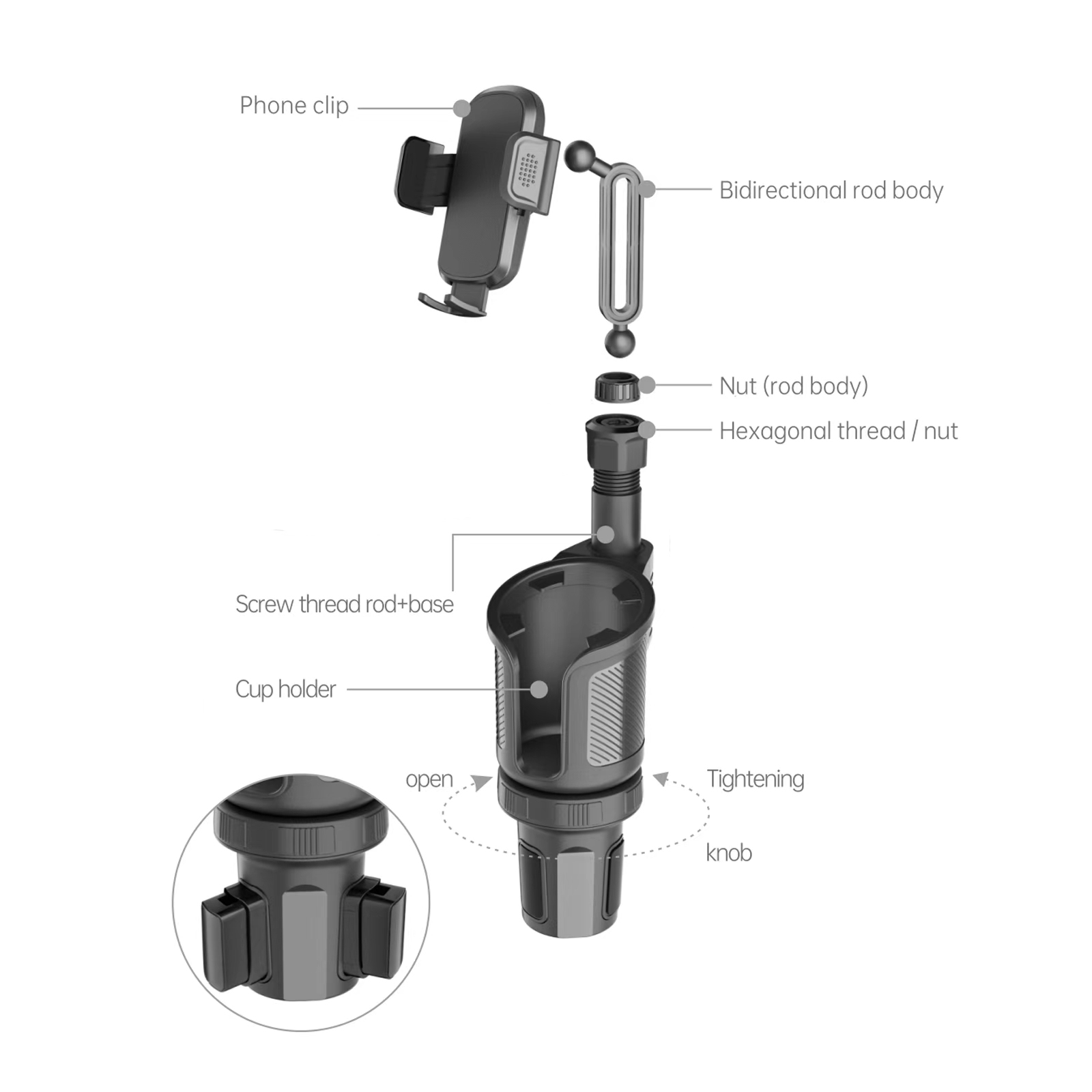 Carro Cup Holder Expander Celular Mount, 360 ° Rotação Cup Holder, Smartphones Mount, Auto Acessórios Interior