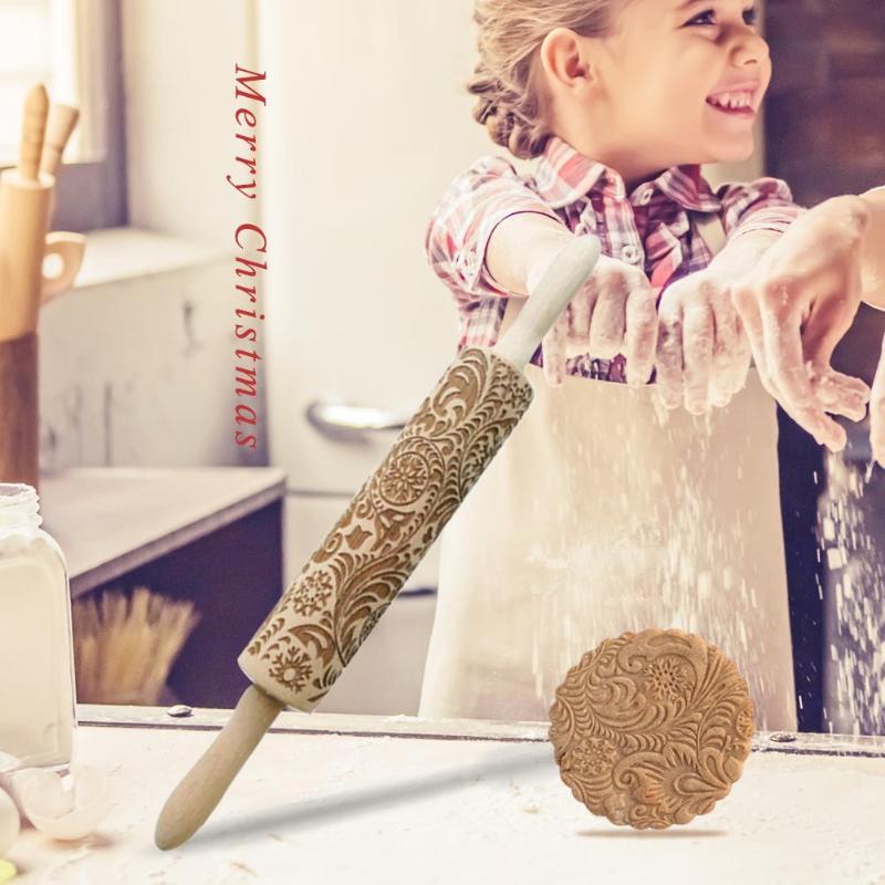 Kerst Embossing Rolling Pin Koekjes Bakken Noodle Biscuit Fondant Taart Deeg Gegraveerde Roller Rendier Sneeuwvlok Keuken Tool