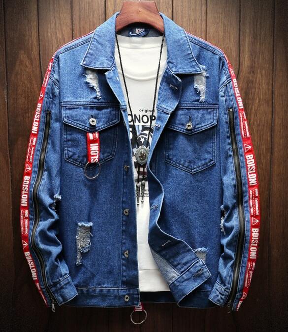 Blue Denim Jacket Men Autumn Slim Fit Hooded Ripped Jean Jacket Coat Hip Hop Streetwear Patchwork Outfit: blue 1 / XXXL