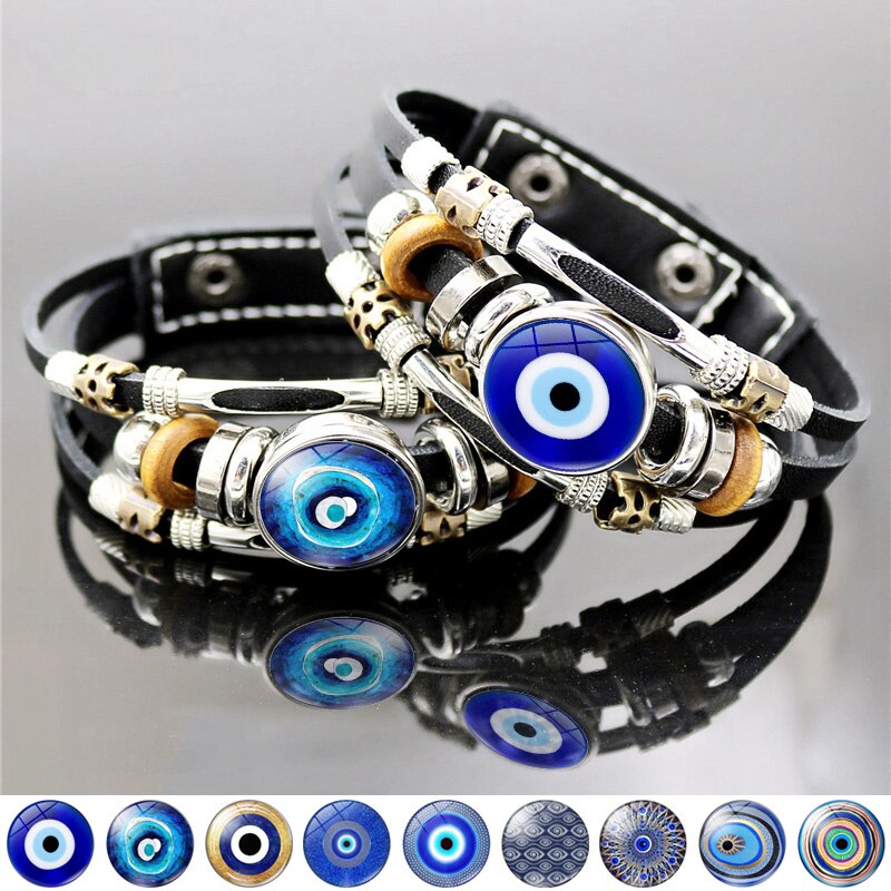 Lucky Turkse Evil Eye Armbanden Voor Vrouwen Sieraden Turkije Evil Ogen Drukknoop Handgemaakte Multilayer Weave Punk Lederen Armband