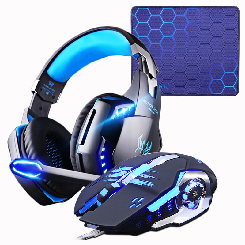 Gaming Headset Hoofdtelefoon + Wired Gaming Mouse Muizen 4000 dpi Bass stereo Gamer Oortelefoon + Gaming muismat Combinatie Voor laptop PC