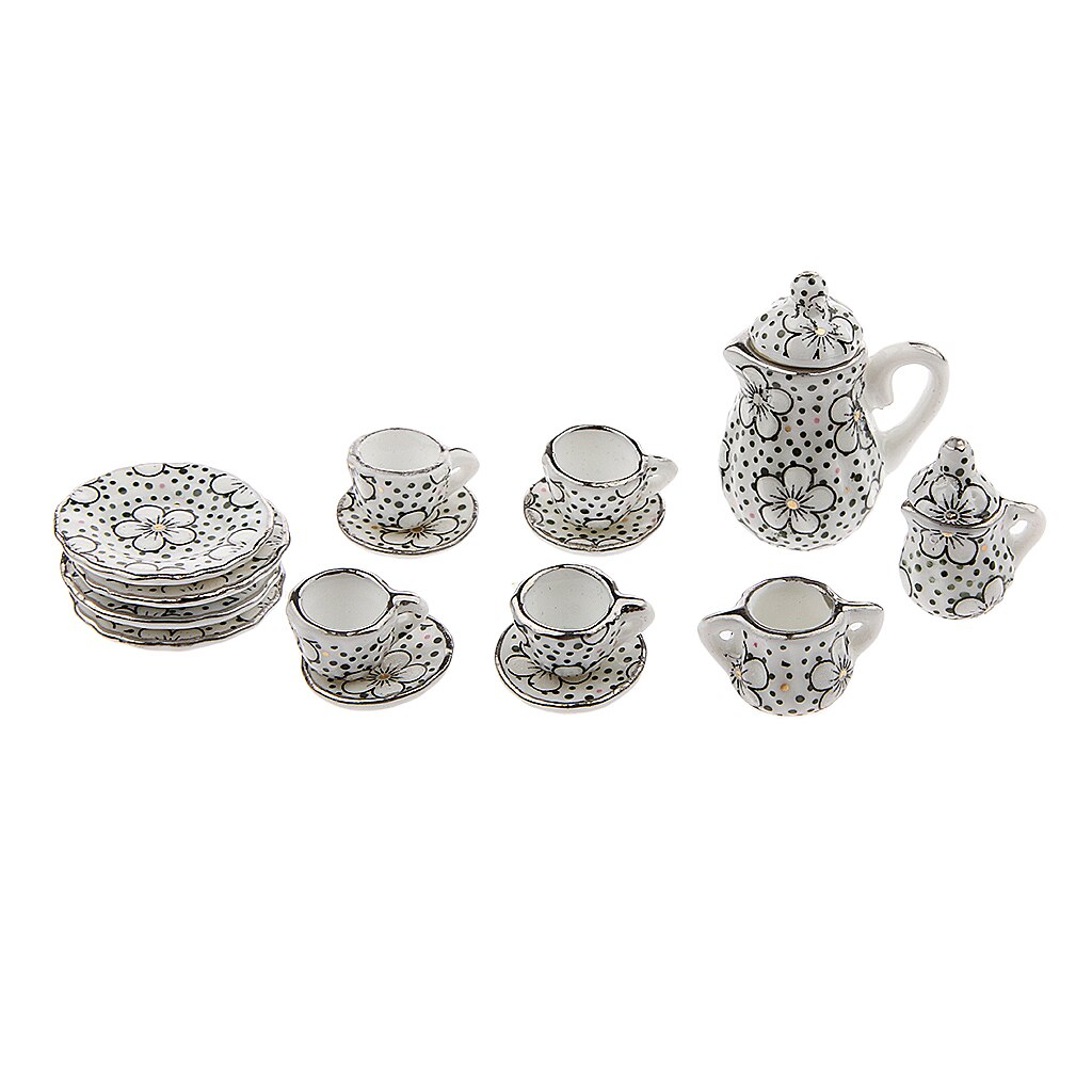 17 Pcs Porselein Miniatuur Koffie Thee Kopjes Schotels Set Poppenhuis Accessoires