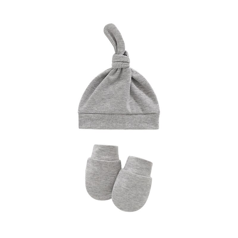2 pçs bebê chapéu luvas conjunto primavera outono menina menino gorro mitenes cor sólida macio algodão nó recém-nascido infantil sono chapéu: gray
