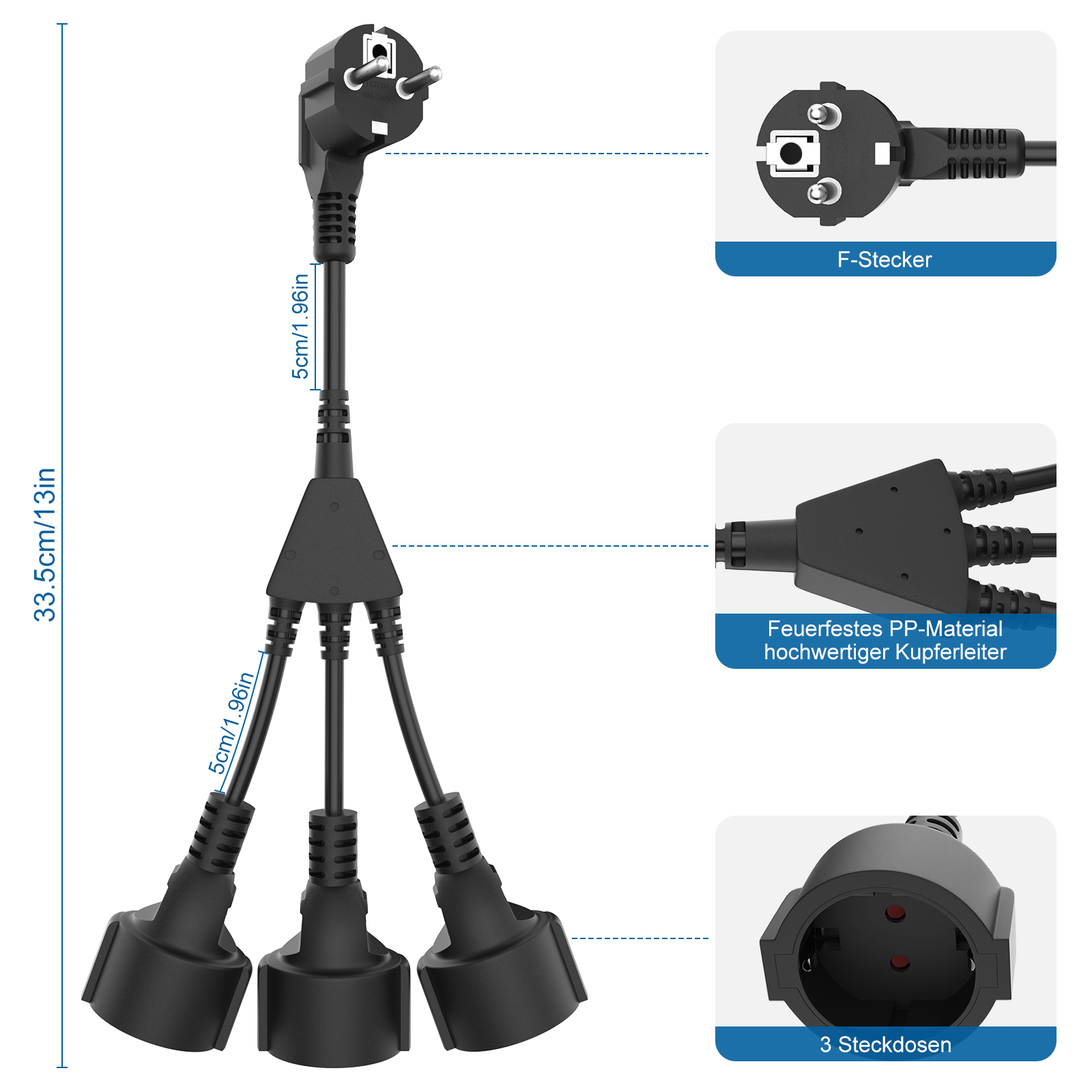 EU European Power Extension Cord with 3 AC Schuko Socket 250 V/16A Supply Electric Cable Triple Plug Adapter For Computer Home