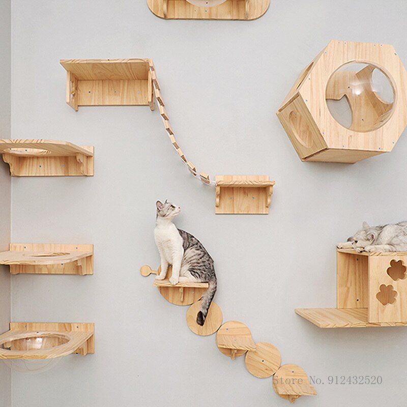 Wall Mounted Cat Climbing Frame Cat Tree Solid Wood Cat Jumping Platform Wall DIY Pet Furniture Kitten Springboard Various Size