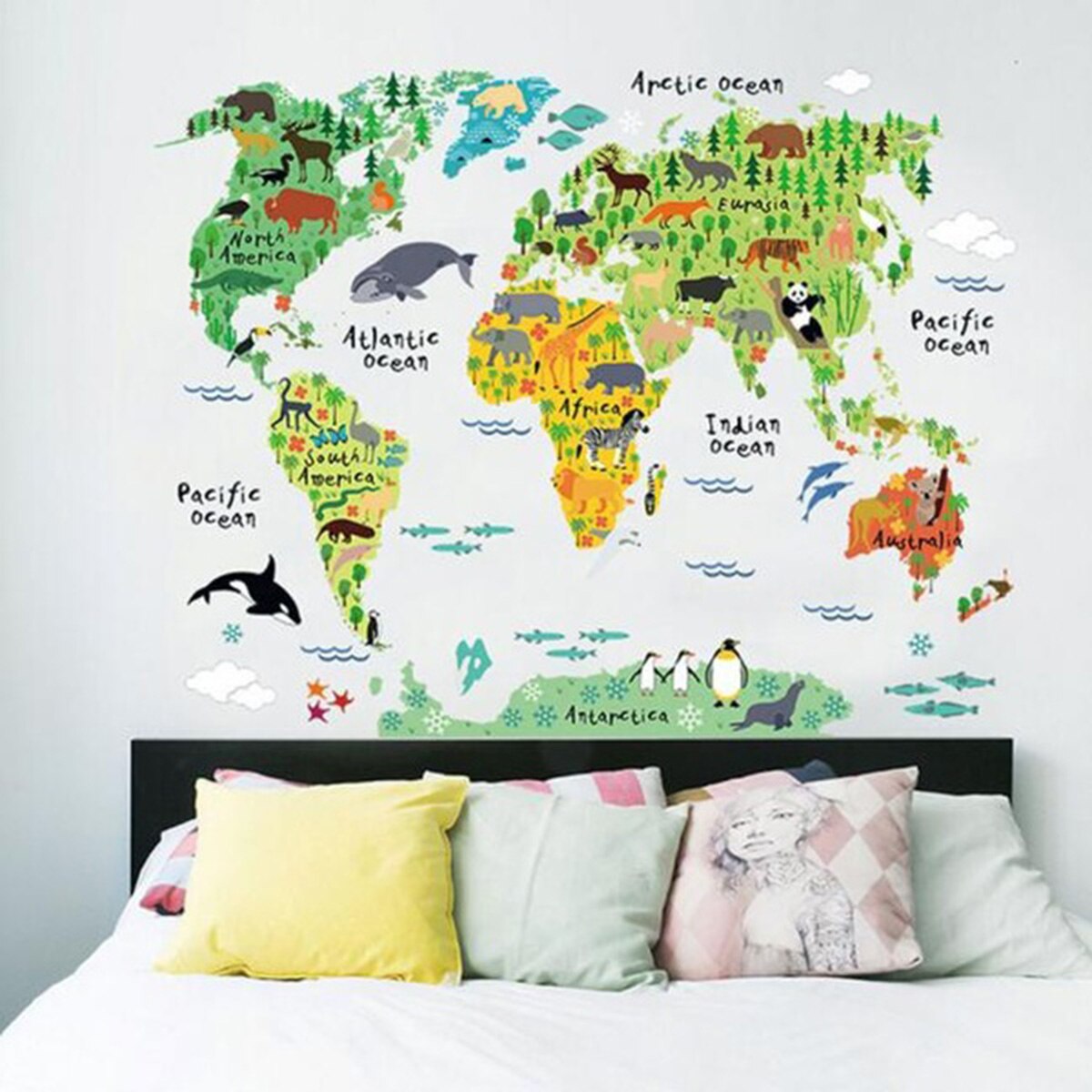 Large Kids Educational Animal World Map Removable Decal Art Mural Home Decor Wall Stickers