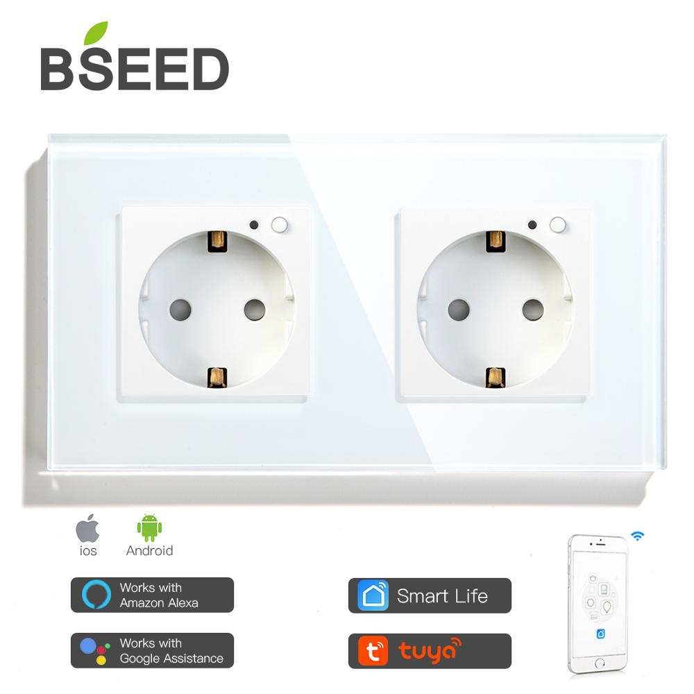 BSEED Single WIFI Power EU Sockets Double Smart Google Alexa Wall Sockets 16A Triple Glass Crystal App Sockets On/Off Switches: Double Socket White