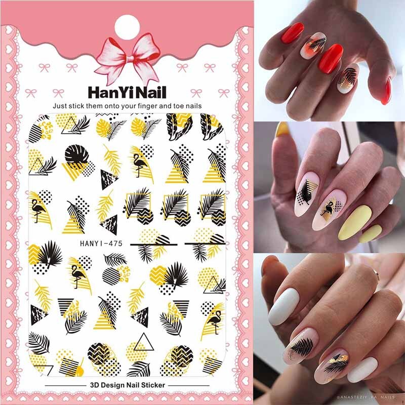 3D Nail Art Sticker Voor Manicure Decoratie Zwart Goud Kleuren Geometrische Lijnen Bladeren Ultra Dunne Slider Nail Lijm HY004: 475