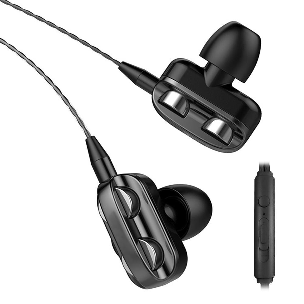 Sports earphones Dual Drivers 4 Units Heavy Bass HiFi Music Earpiece Universal 3.5mm In-ear Wired Earphones: Black
