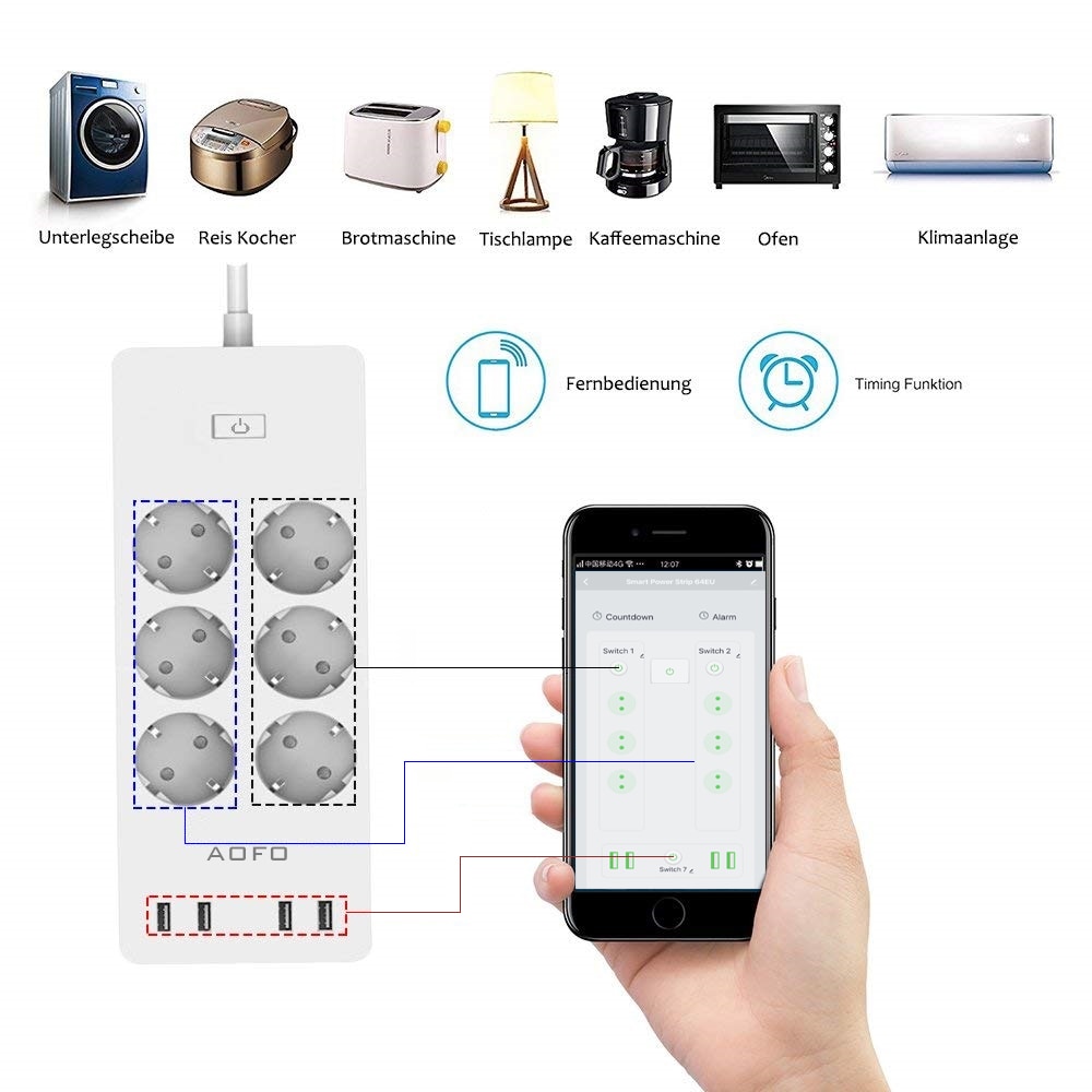 Smart strømskinne med 6 ac stikkontakter 4 usb-porte overspændingsbeskytter, med timingfunktion stemmestyring fungerer med alexa google home