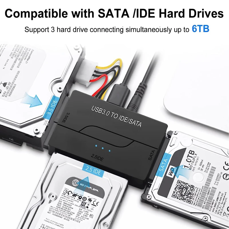 USB 3.0 zu SATA IDE Adapter Festplattenadapter Konverter für 2,5"/3,5" SATA/IDE/SSD Festplatten mit 12V 2A Netzteil