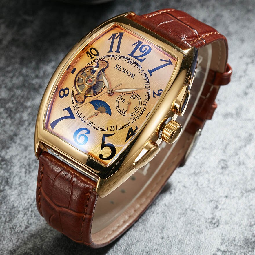 Retro automatiske ure mænd kranium skelet urskive selv vind brun armbåndsur han vintage vintage romersk ur læder reloj relogio: Automatisk ur