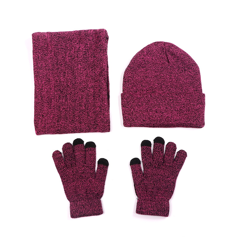 Fleece foret varm vinterstrikket mænd kvinder hat handsker sæt ring tørklæde grå vin rød: Hot pink