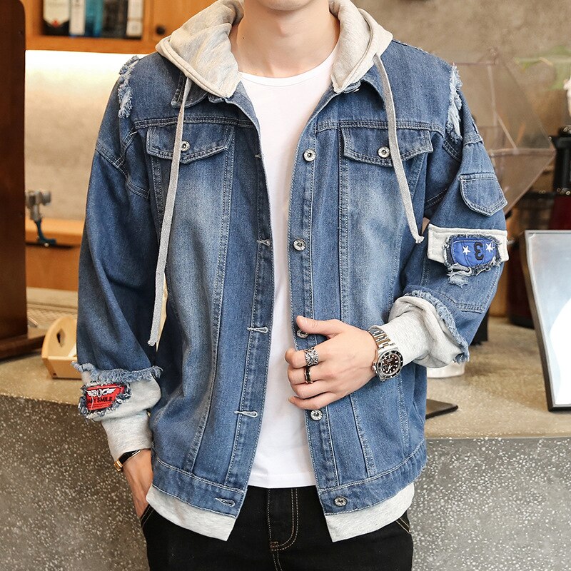 Spring Autumn Hip Hop Street Ripped Jeans Jackets Man Streetwear Distressed Denim Outerwear Tops Holes Light Blue Button Down