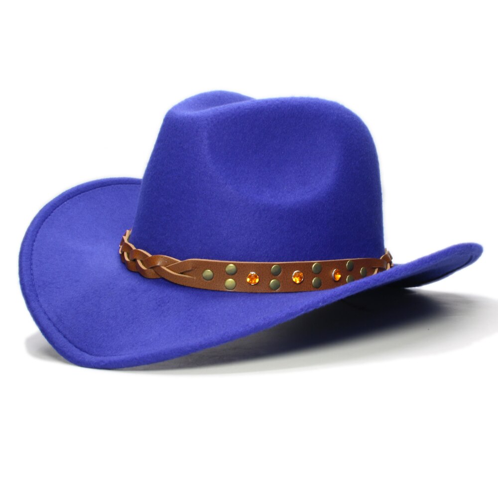 Retro Turquoise Yellow Crystal Band Parent-child Unisex /Kid Wool Wide Brim Cowboy Western Hat Cowgirl Bowler Cap (57cm/54cm): Blue / Kid Size 54cm