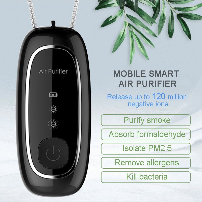Personal Wearable Air Purifier Necklace Mini Portable Air Freshener Ionizer Negative Ion Generator Black
