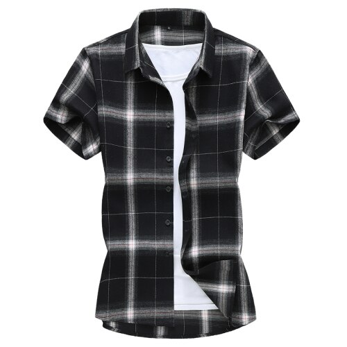 Plus size 5xl 6xl 7xl kortärmad herrskjorta sommaren ledig rutig skjorta herrkläder: Svart / 7xl