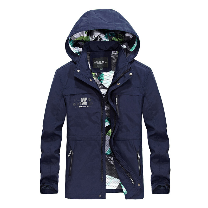 Men's spring and autumn one-piece camouflage hooded windproof waterproof windbreaker: Deep Blue / L