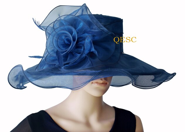 Dark green Wide Brim organza hat formal for wedding women's hat,kentucky derby,ascot races,melbourne cup,party.: NAVY BLUE