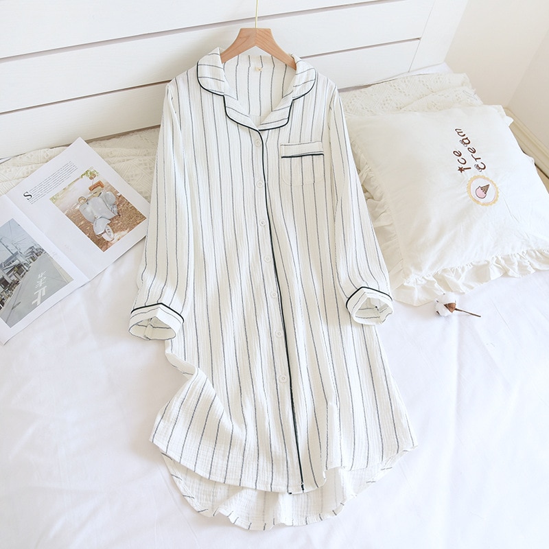 Summer Ladies Cotton Nightgowns Long-sleeved Simple Plus Size Sleepwear Double-layered Gauze Sleeping Dress Striped Sleep Tops: white / XL