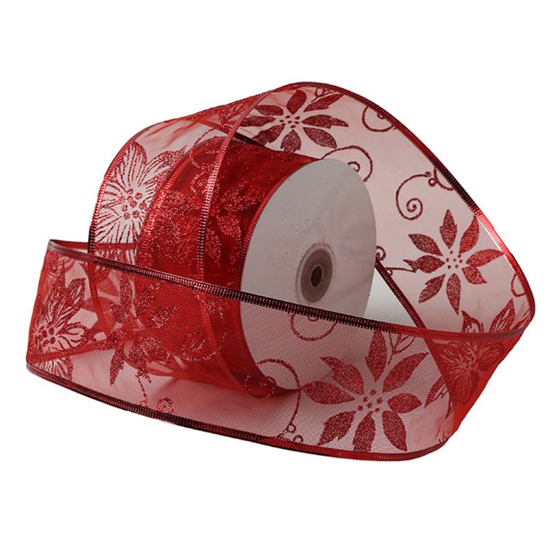 Rollo de 50 yardas de cinta de Navidad transparente con purpurina y flores para decoración del banquete de boda