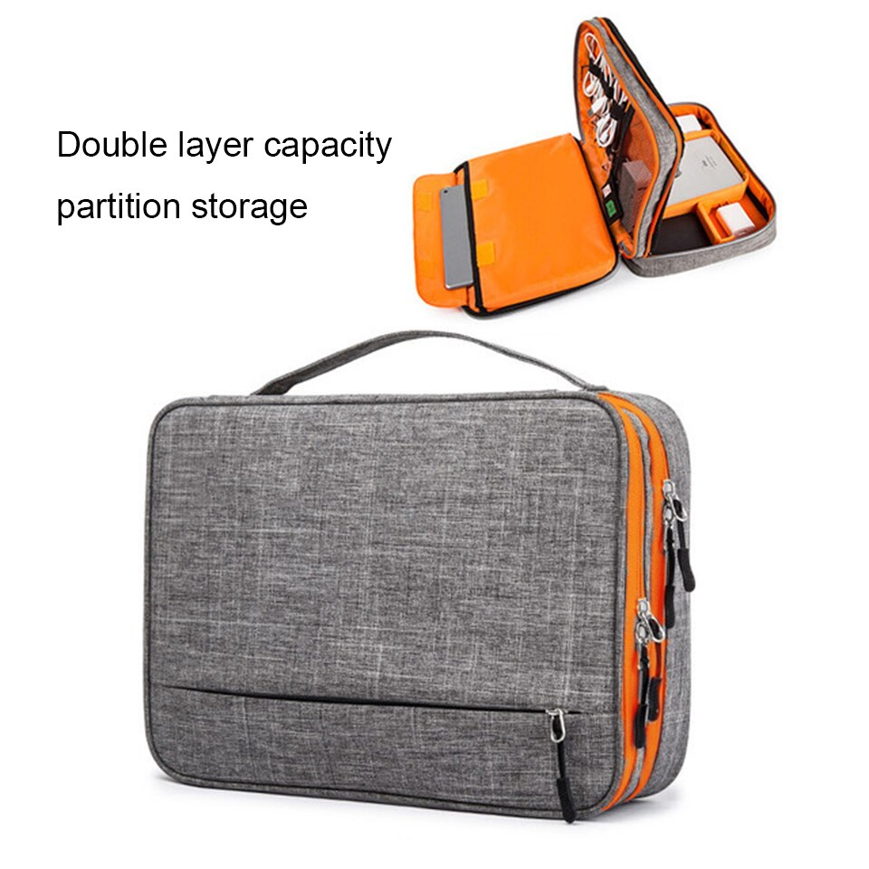 Bolsa de almacenamiento de accesorios electrónicos de doble capa habitación separada y tiras de separación estuche organizador portátil para iPad, discos duros, Cables,