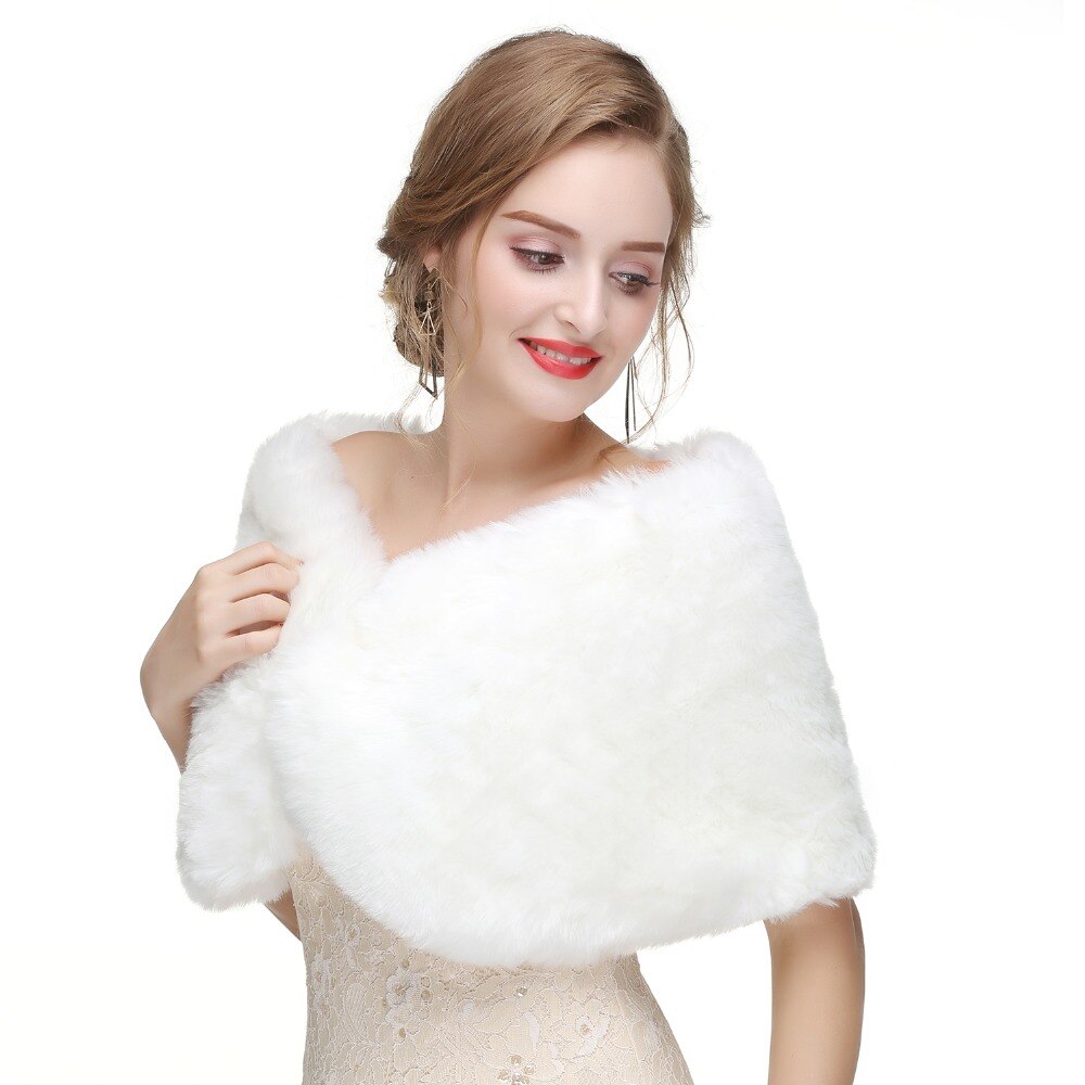 JaneVini Bridal Fur Warp Faux Fur Wedding Shawl Winter Warm Cloak Short Cape for Bride Evening Dress Bolero Mariee
