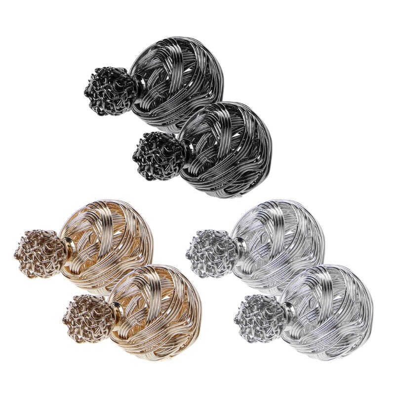 3 Pairs Metal Wire Wrapped Double Sided Ball Earrings Set Jewelry