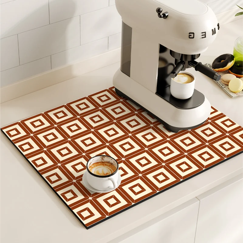 VIKAMA Kitchen Diatom Mud Mat Retro Coffee Machine Mat Waterproof Dish Drying Mats Quick Dry Drain Pad Draining Placemat: L / Brown