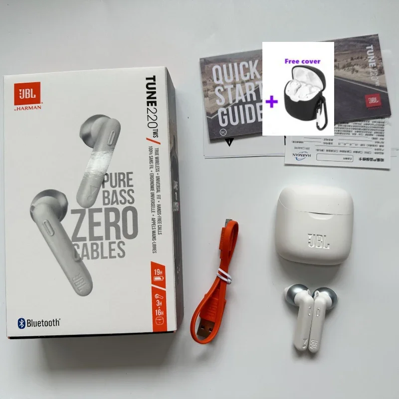 100% Original JBL Tune 220TWS Bluetooth écouteurs sans fil écouteurs avec micro stéréo JBL T220 TWS casque de sport avec couverture gratuite: WHITE