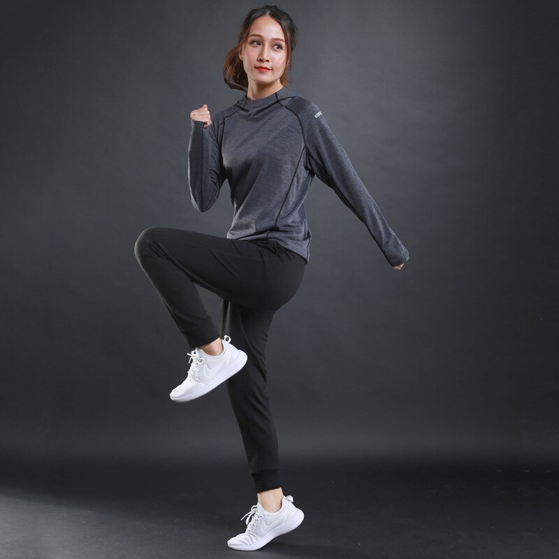 Autunno E di Inverno Delle Donne a Maniche Lunghe T-Shirt Felpa con Cappuccio Sottile di Fitness Traspirante Formazione di Sport Lungo-Manicotto Del Cappuccio