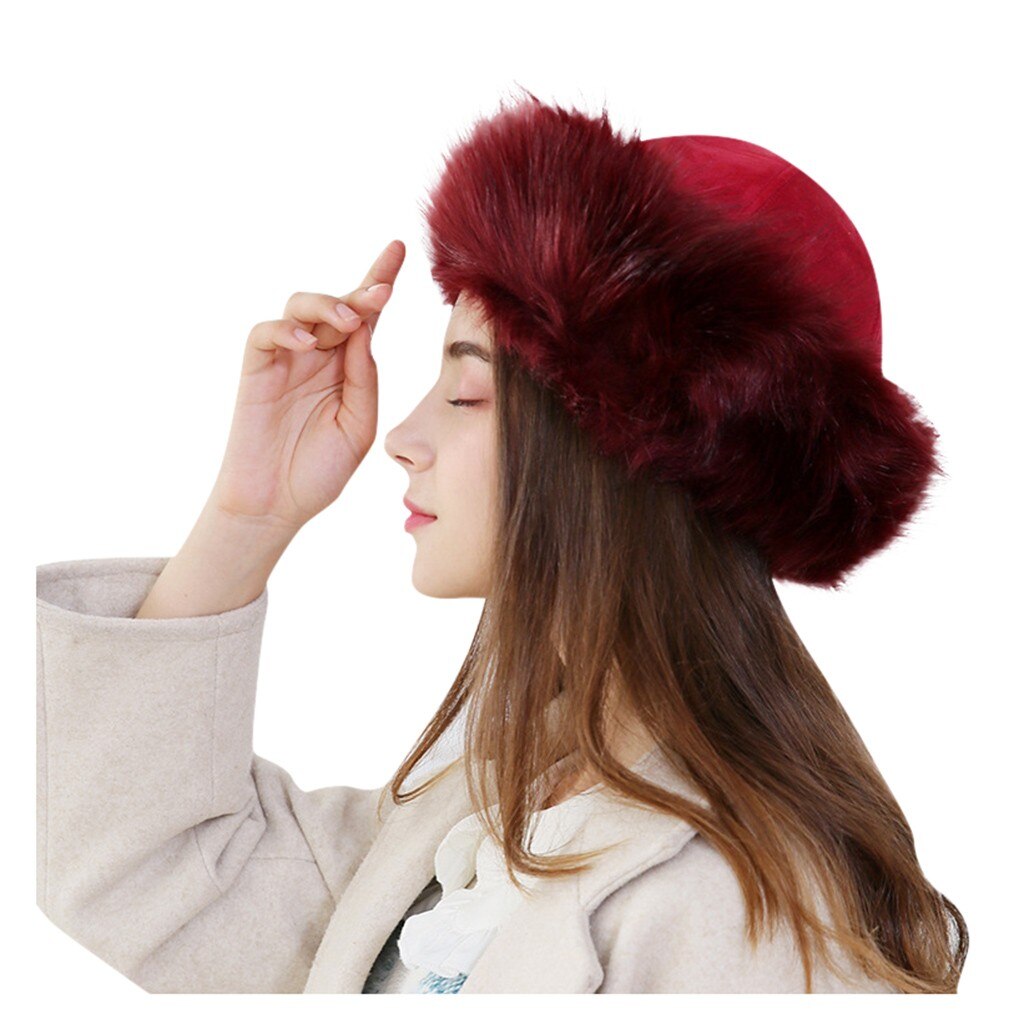 Winter Faux Fur Hats Women Winter Mongolian Russian Outdoor Hat Solid Thick Warm Solid Earmuffs Woollen Hat: Wine 