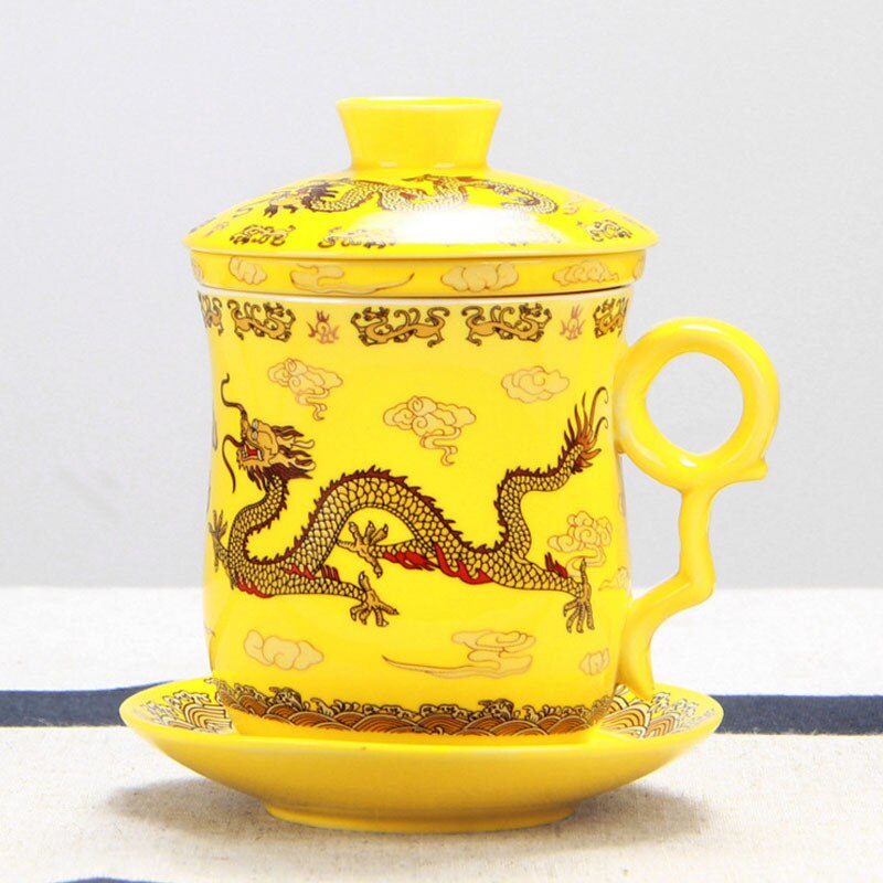 Cuatro juegos de tazas de té de cerámica filtrada, tazas de té y tazas de beber decoración de granja Gaiwan decoración de la habitación de porcelana azul