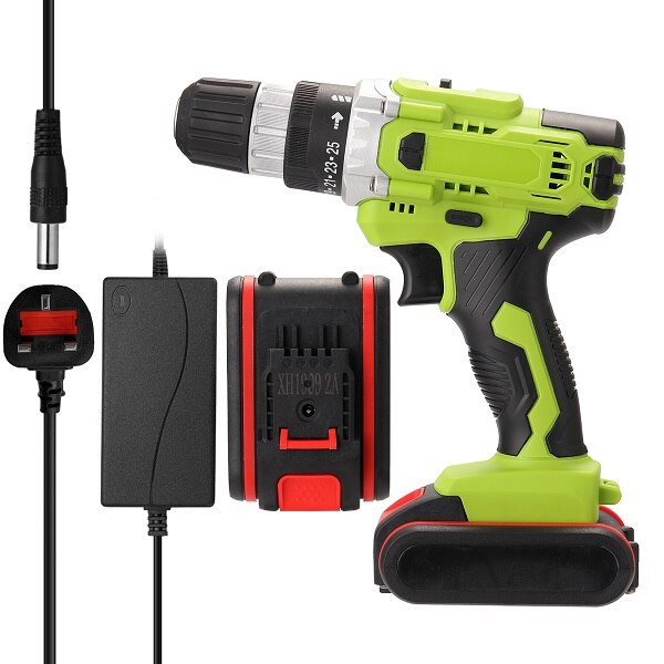21V Woodworking Electric Cordless Drill High-power Lithium Battery Wireless Rechargeable Hand Drills DIY Electric Power Tools: 2PC Battery UK Plug