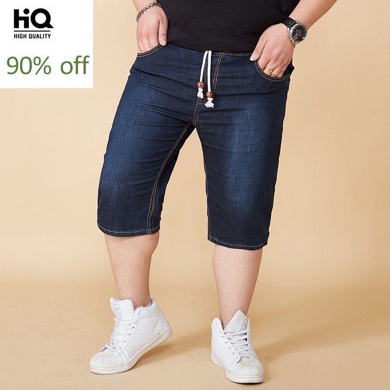 Herren Plus Größe Sommer Elastische Taille strecken Jeans Knie Länge Kordelzug Schlauch ausgebeult Kurze Hosen Roupa Masculina