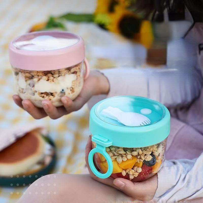 Portable Breakfast Cup with Leak-Proof Lid, Overnight Oats Bowl with Spoon, Microwave Safe Salad Bowl, Yogurt Cup, Milk Bottle
