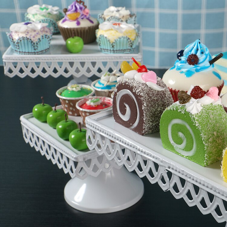 3 Size European Style Wedding Table Square white Cake Stand Iron Tall Cake Fruit Tray Lace Single Cupcake Stand