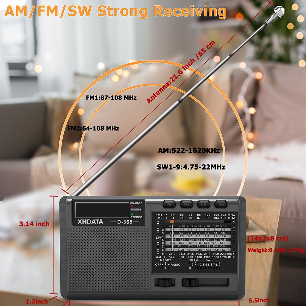 XHDATA – Radio FM Portable BT D-368, récepteur Radio stéréo 12 bandes, sans fil, Bluetooth de poche, compatible USB TF, lecteur MP3