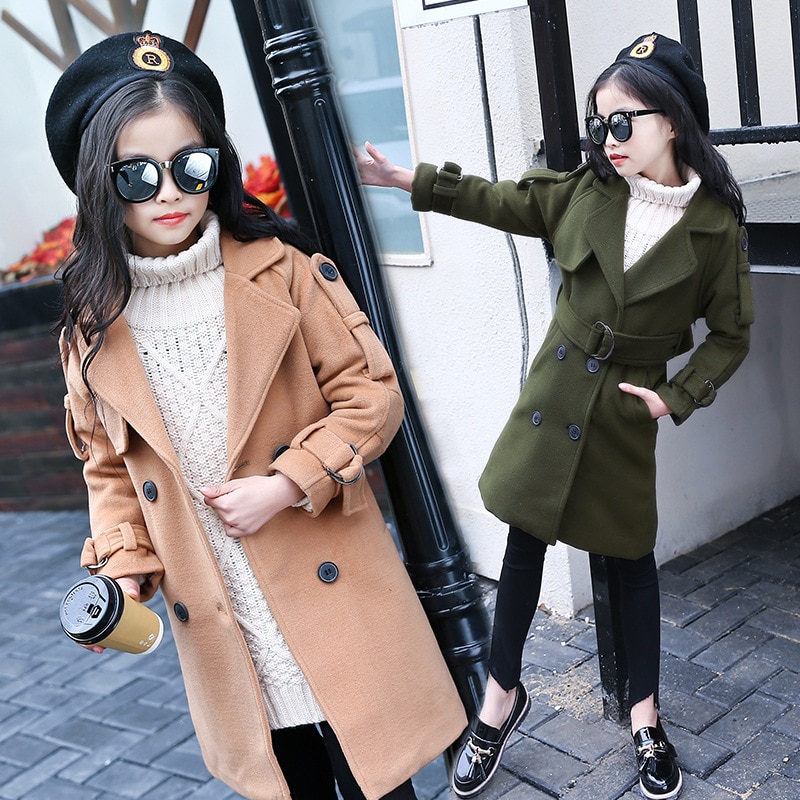 Kinder Mädchen Wolle Mantel Neue Mädchen Winter Jacken Drehen Kragen Solide Zweireiher Woolen Mantel Für 4-13T Mädchen