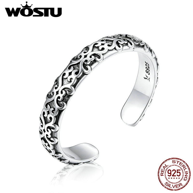 WOSTU Authentic 925 Sterling Silver Stackable Vintage Wave Open Ring for Women Korean Sterling Silver Jewelry CQR657