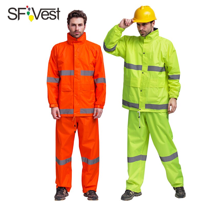 Fluorescent orange Safety Raingear Hi Vis Rainsuit Waterproof Hooded Parka &amp; Pants with reflective tape