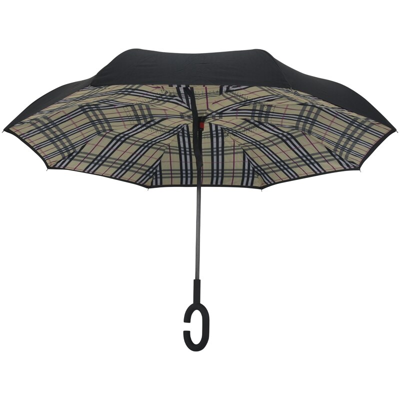 Tjek farve vindtæt omvendt foldning dobbeltlag omvendt regn paraply selvstående regnbeskyttelse c-krog hænder til bil: Default Title