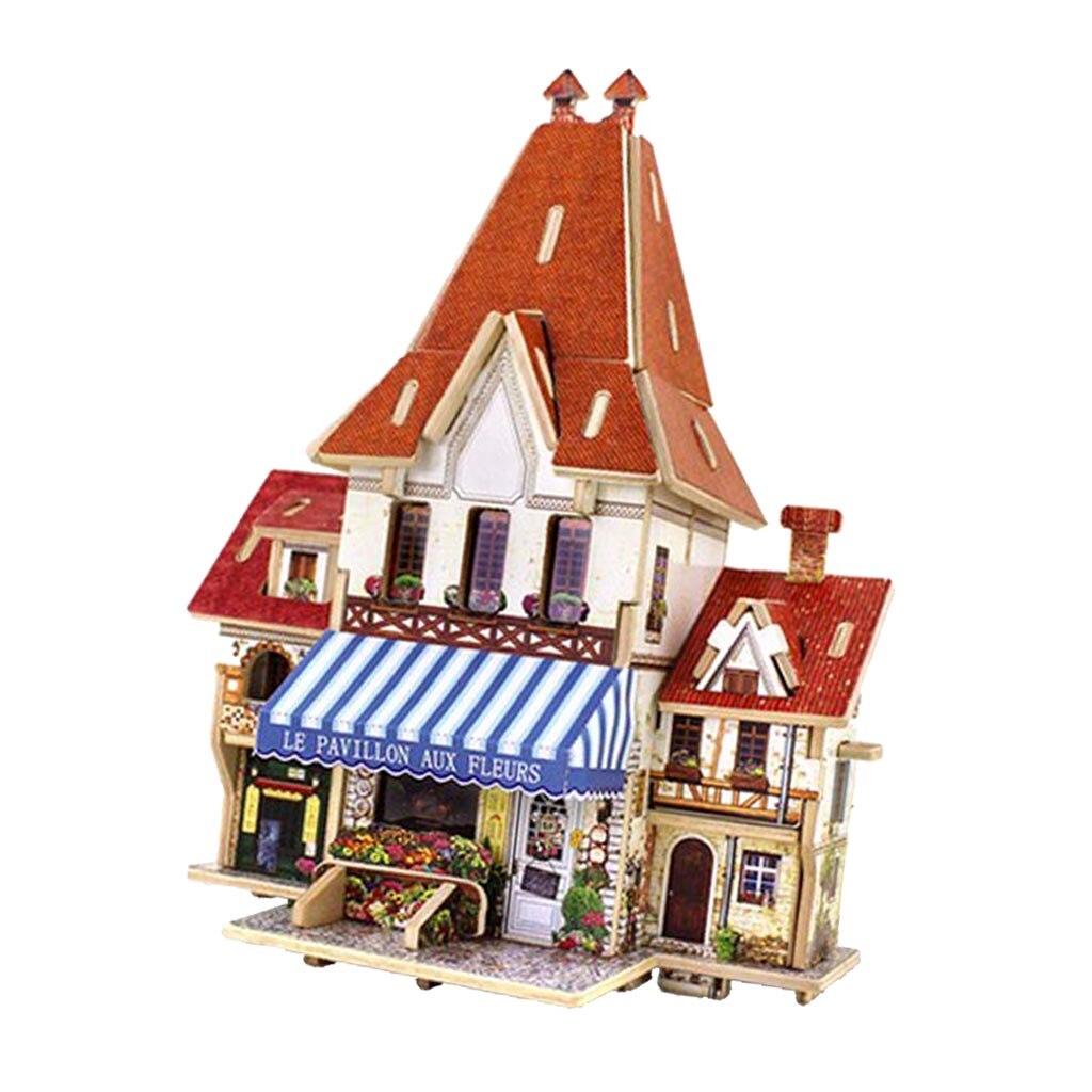 Miniature 3D Wooden Doll House Modern French Flower Shop with Flower Furniture DIY Accs